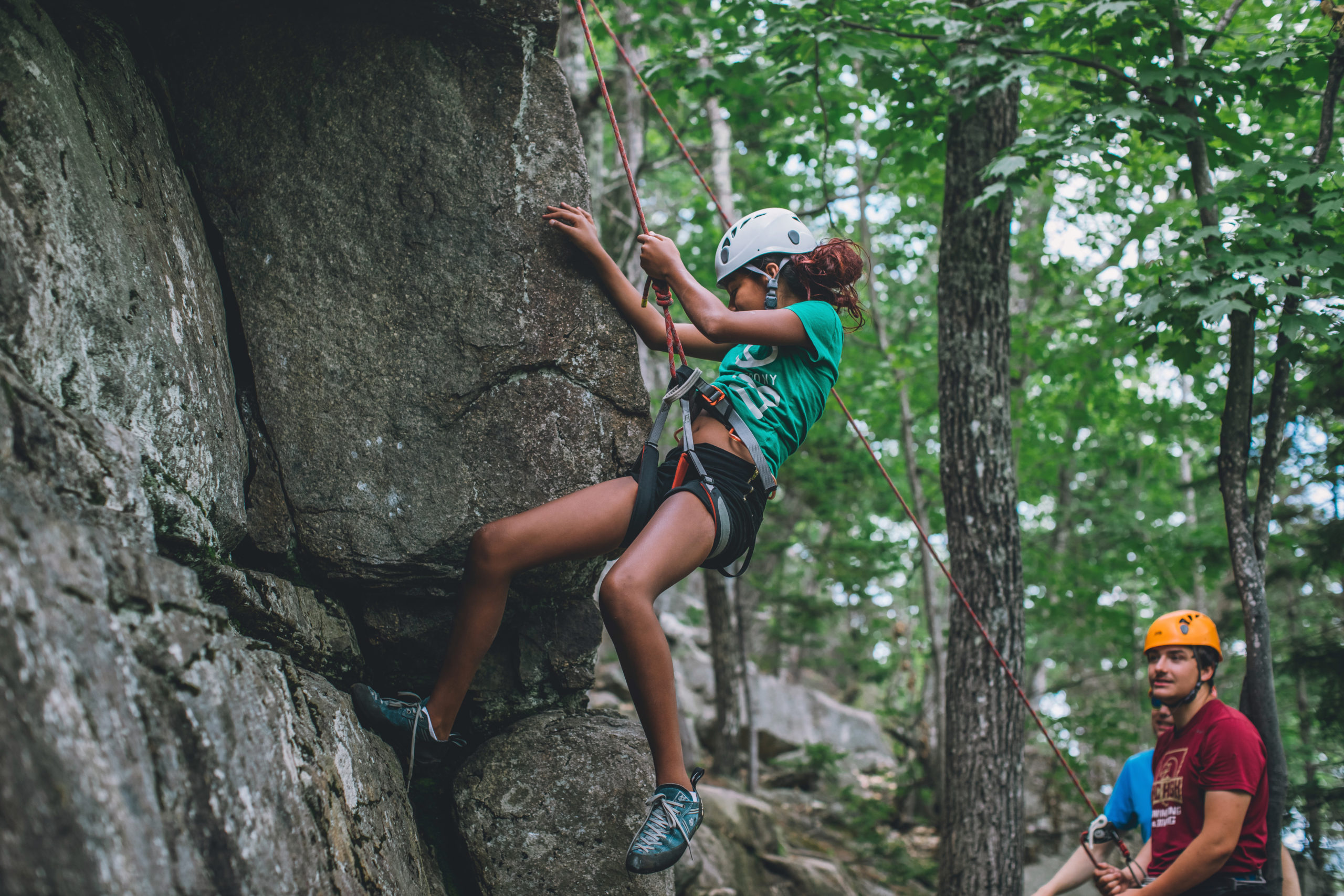 July 15, 2019. Boulder Loop Ledges, Moat Range, White Mountain National Forest, New Hampshire-- Teen Wilderness Adventure climbing program. Photo by Paula Champagne.