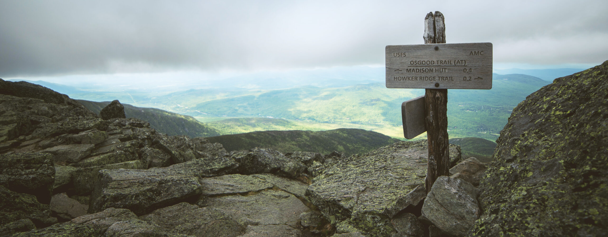 June 7, 2018. Sign for Osgood Trail, AMC Madison Spring Hut (Presidential Range), Great Gulf Wilderness, White Mountain National Forest, New Hampshire-- Photo by Paula Champagne.