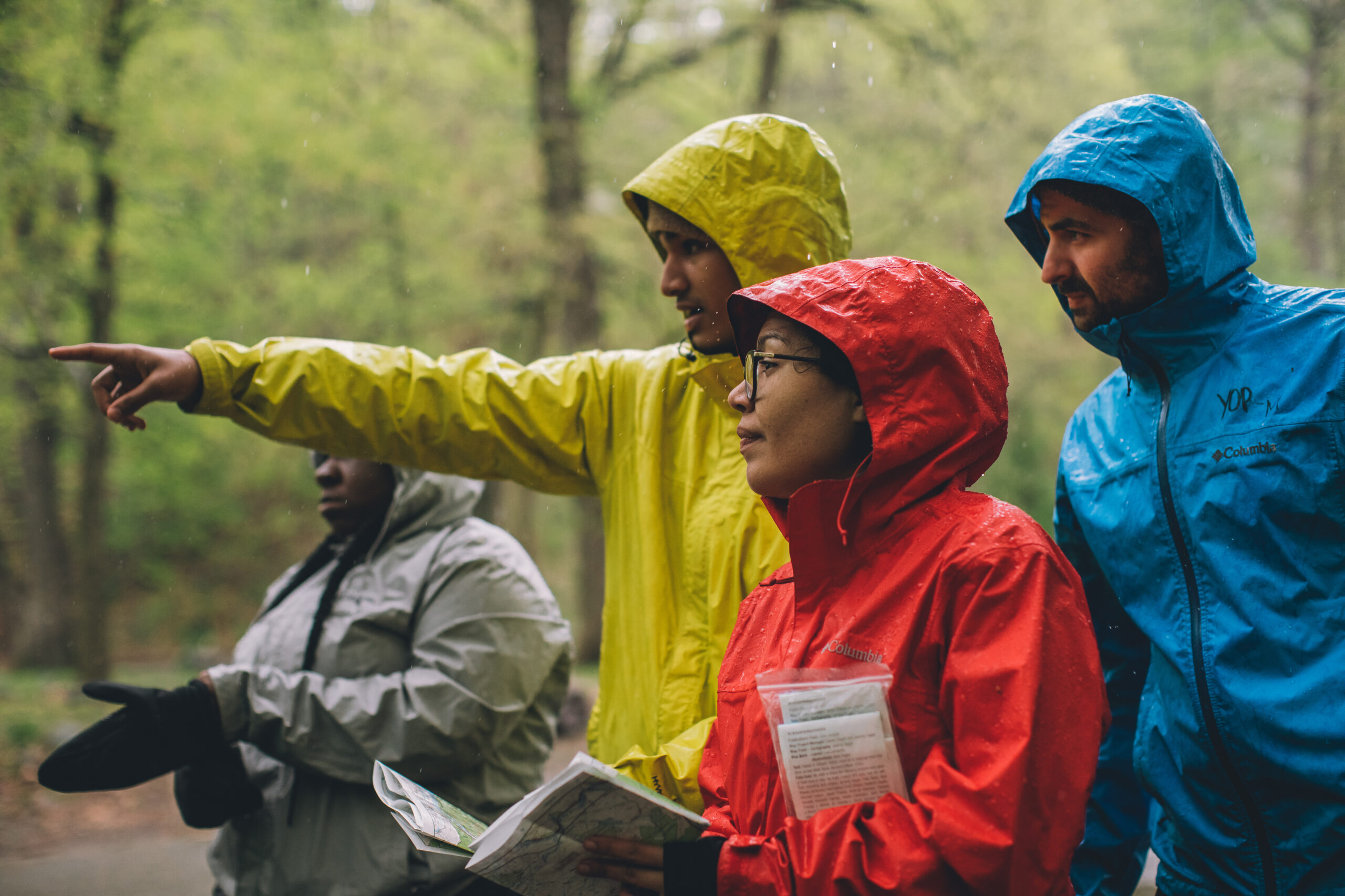 Guests in rain gear outside Mohican Outdoor Center
